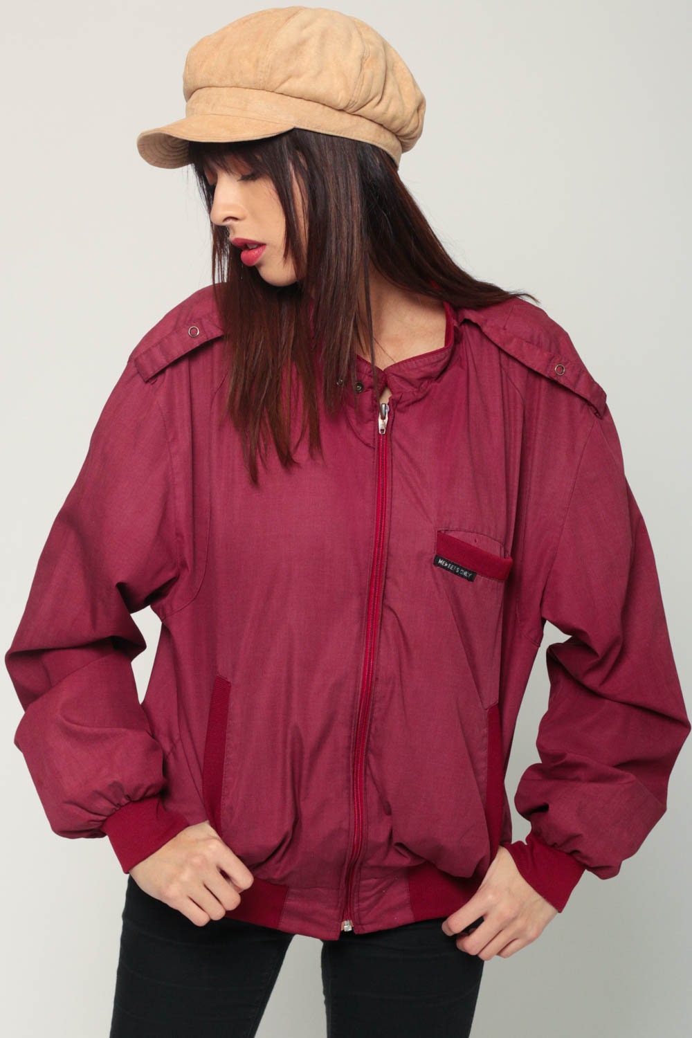 80s Members Only Burgundy Bomber Jacket Epaulette Windbreaker Extra Large