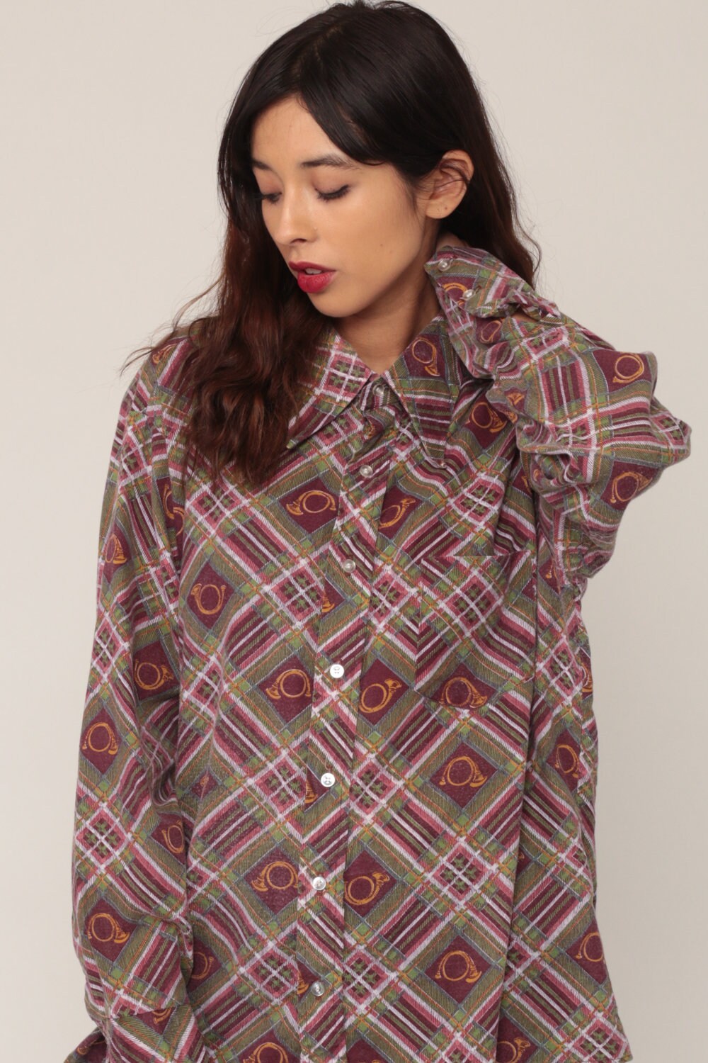 70s Horn Instrument Plaid Button-Up Shirt Long Sleeve Extra Large