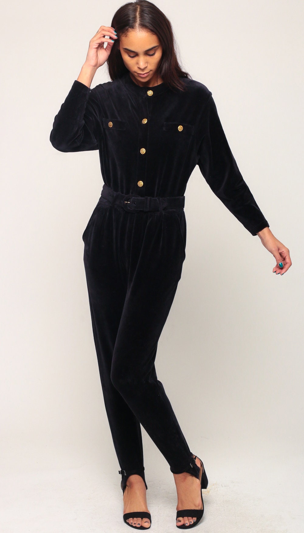 80s Black Velour Jumpsuit Stirrup Tapered Belted Button-Up Small