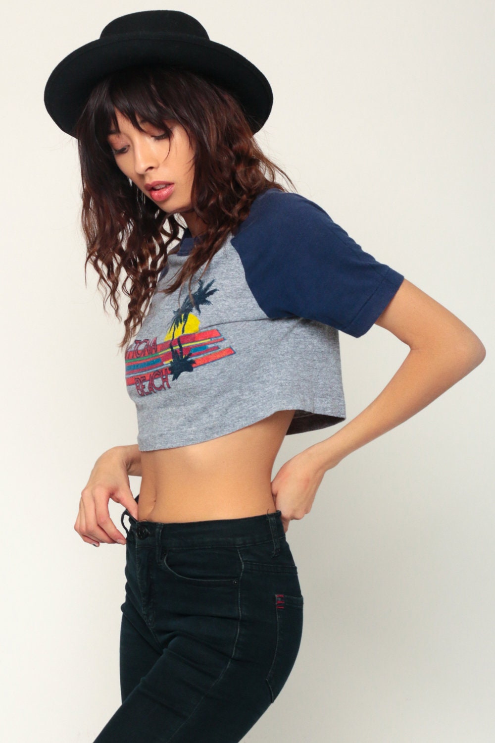 90s Daytona Beach Ringer Tee Crop Top Raglan Sleeve Grey Small