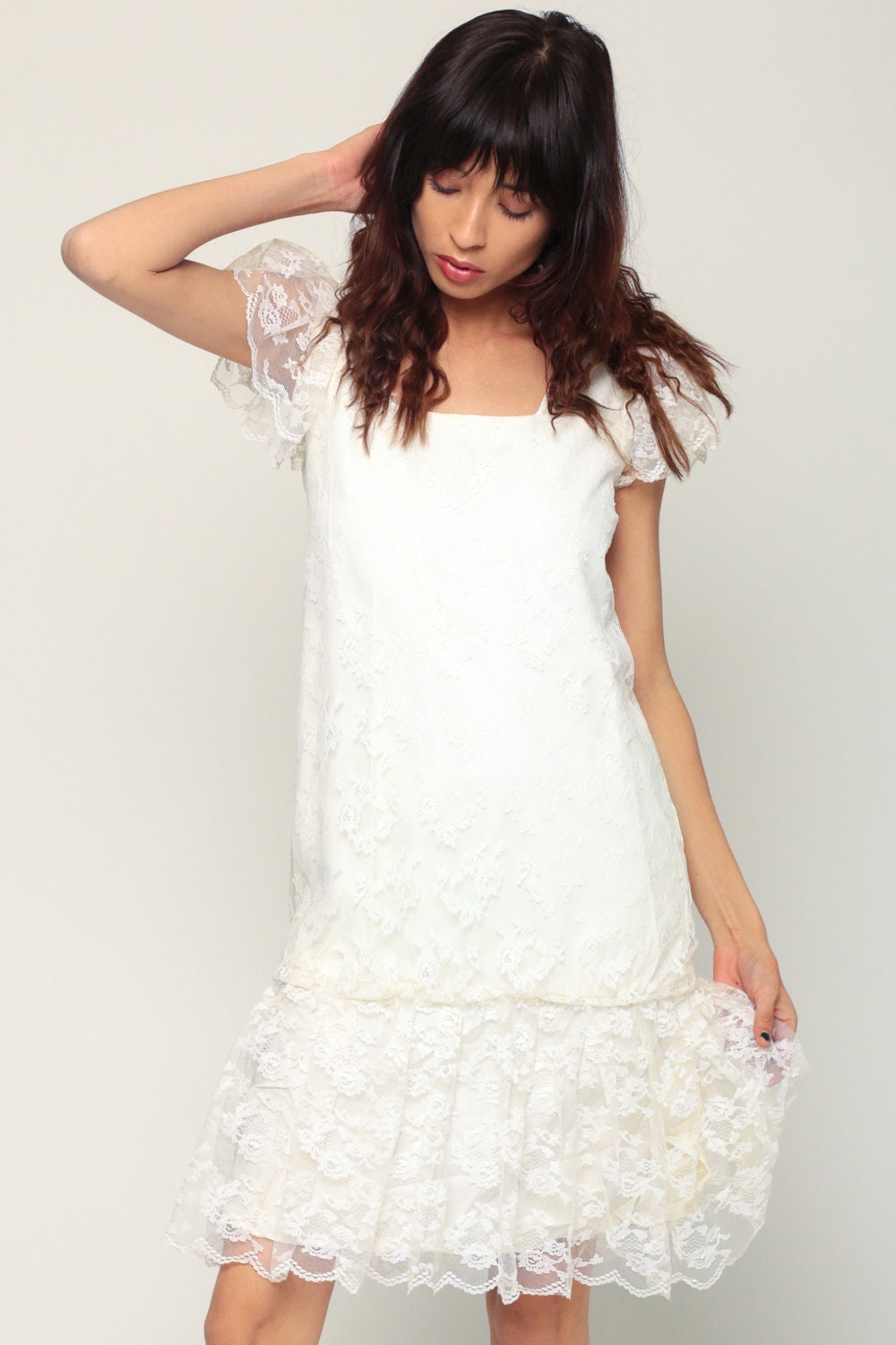 80s White Lace Mini Dress Puff Sleeve Drop Waist Party Gown Extra Small