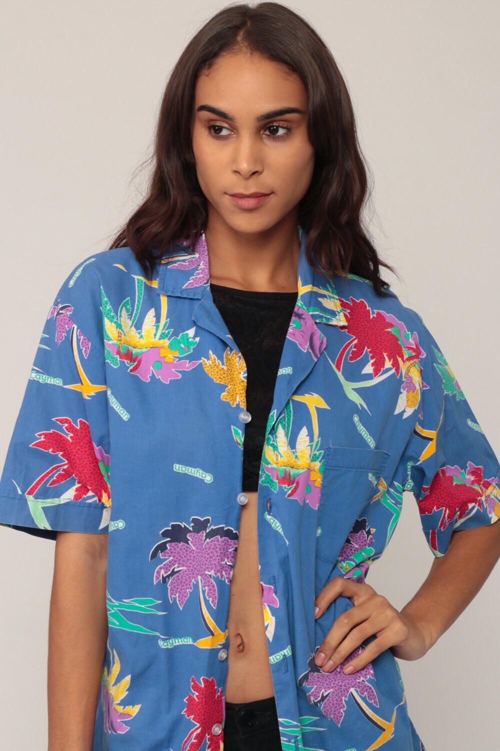 80s Cayman Islands Tropical Palm Tree Button-Up Shirt Blue Unisex Large