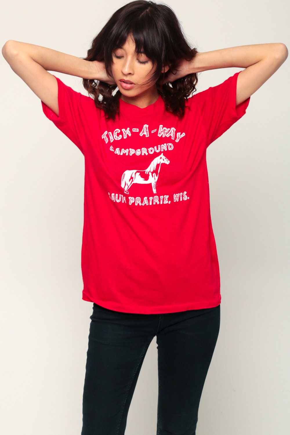 80s Tuck-A-Way Campground Horse Graphic T-Shirt Red Medium