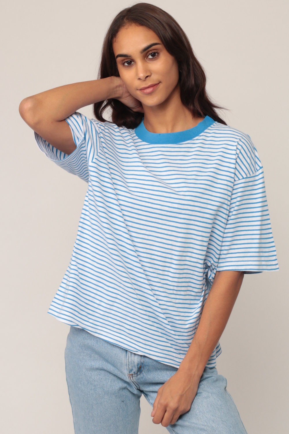 90s Blue & White Striped Ringer T-Shirt Unisex Cotton Tee Large