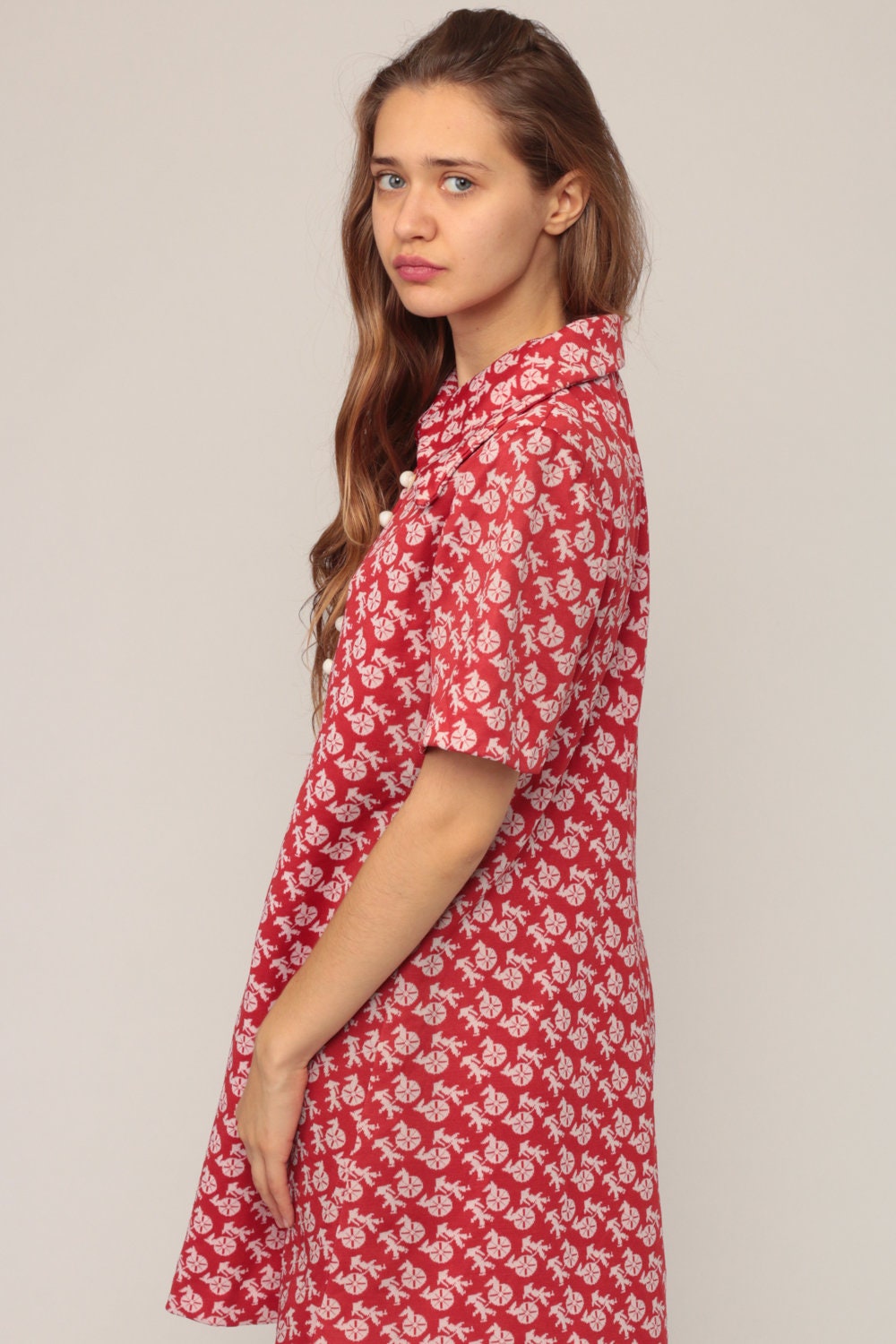 70s Rickshaw Print Shift Mini Dress Button Up Red Large