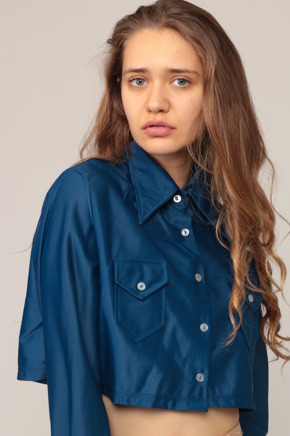 70s Blue Crop Top Long Sleeve Button Up Shirt Medium