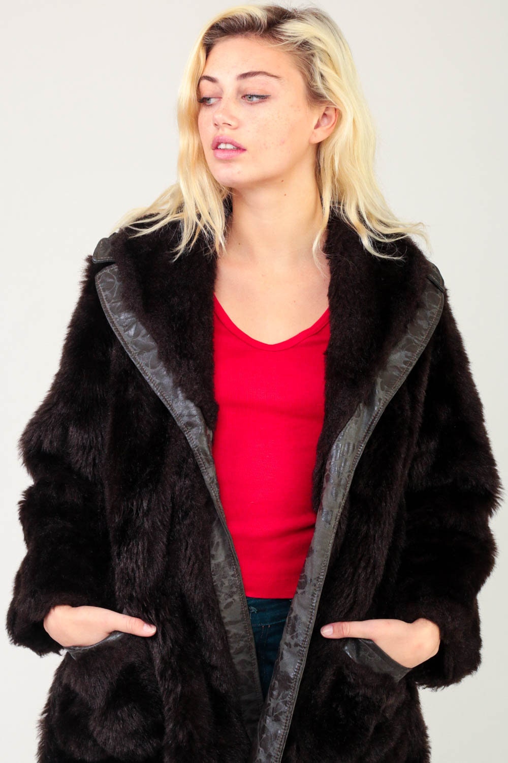70s Faux Fur Jacket Brown Leather Trim Distressed Medium