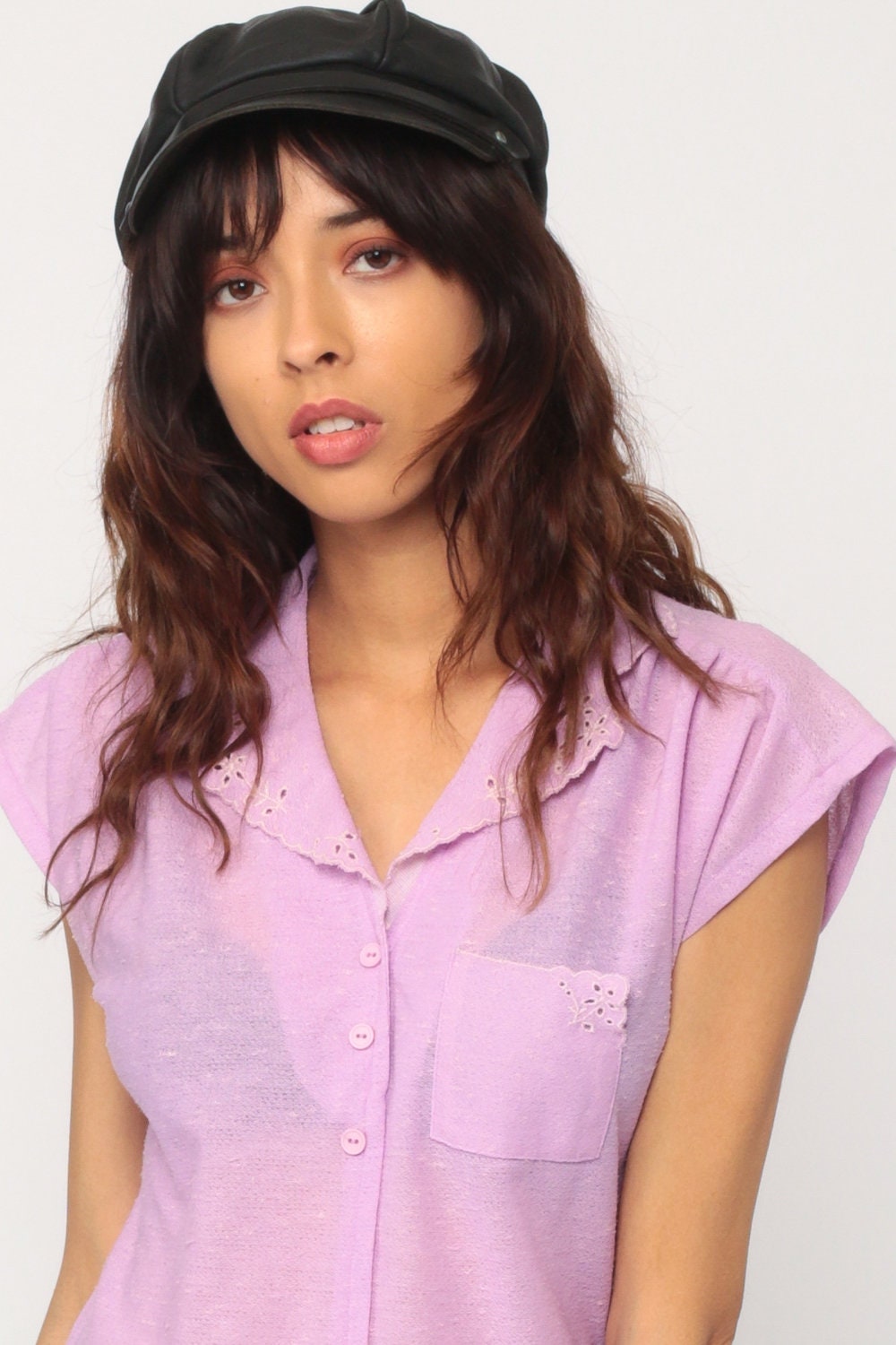70s Lavender Button-Up Blouse Cap Sleeve Floral Eyelet Cutout Small Medium