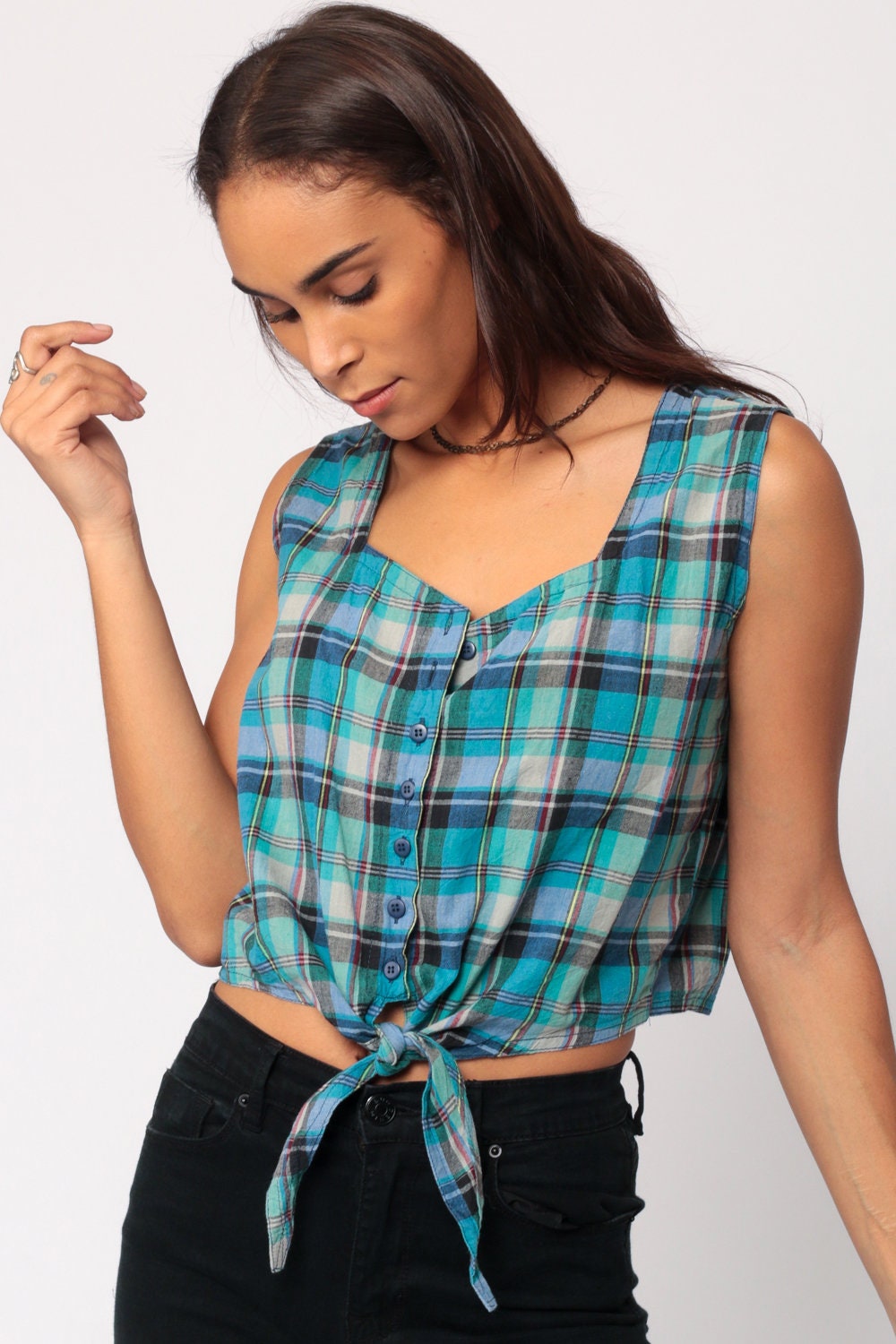 90s Plaid Cotton Crop Top Sleeveless Button-Up Blouse Tie Waist Blue Medium Large