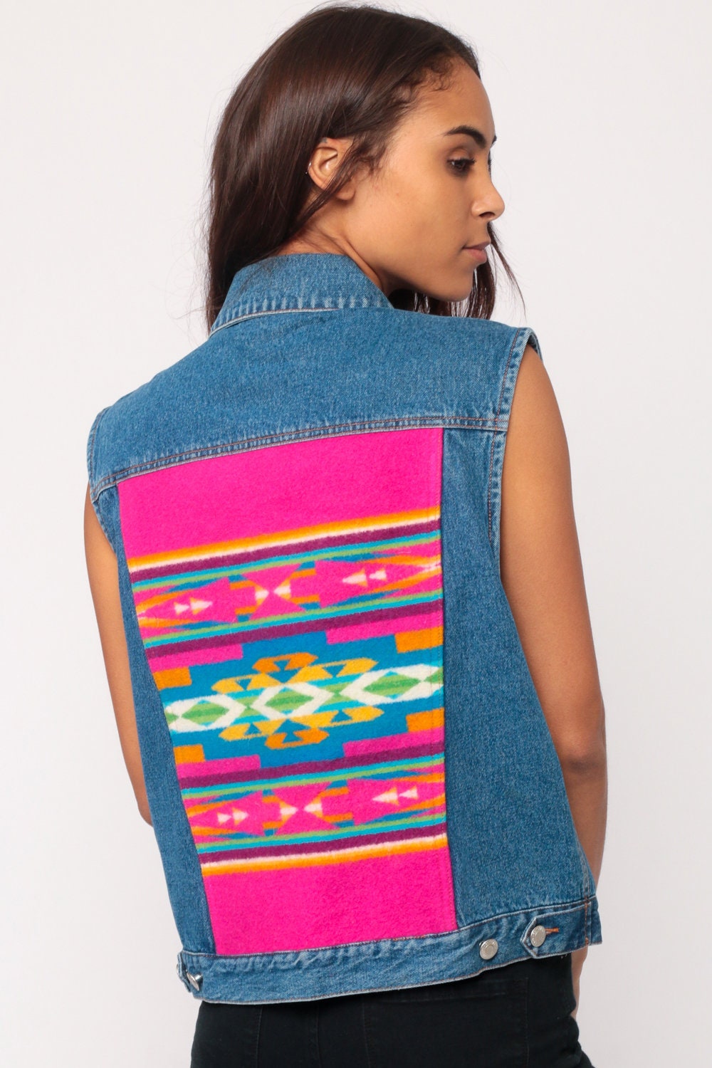 90s Pendleton Denim Vest Southwestern Wool Print Blue Jean Top Medium