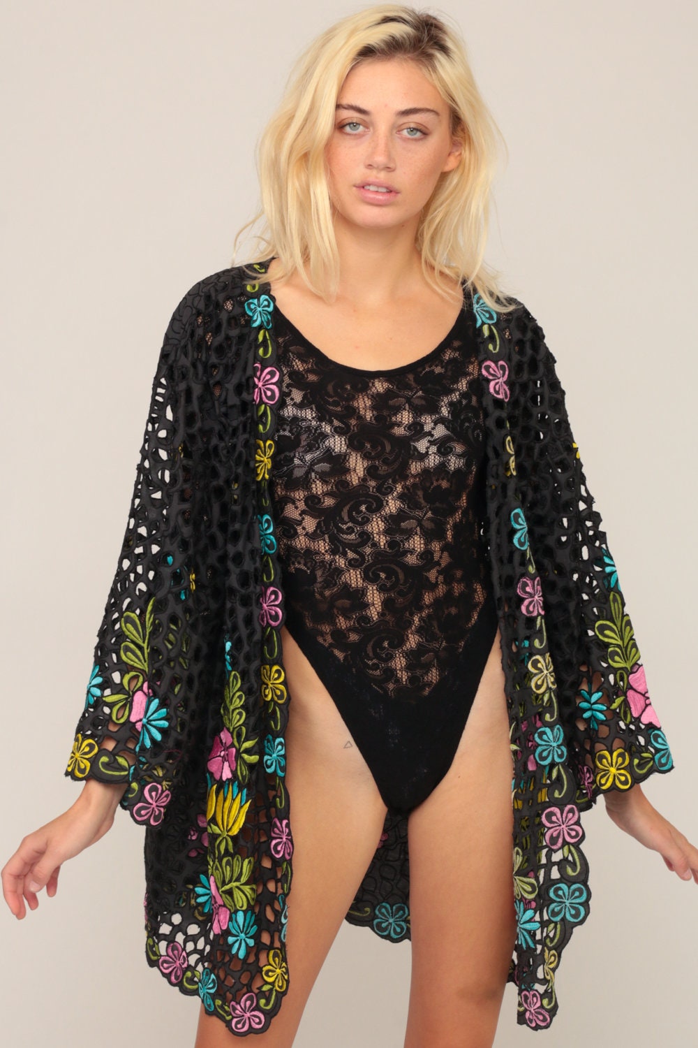 90s Black Floral Embroidered Cutwork Kimono Jacket One Size