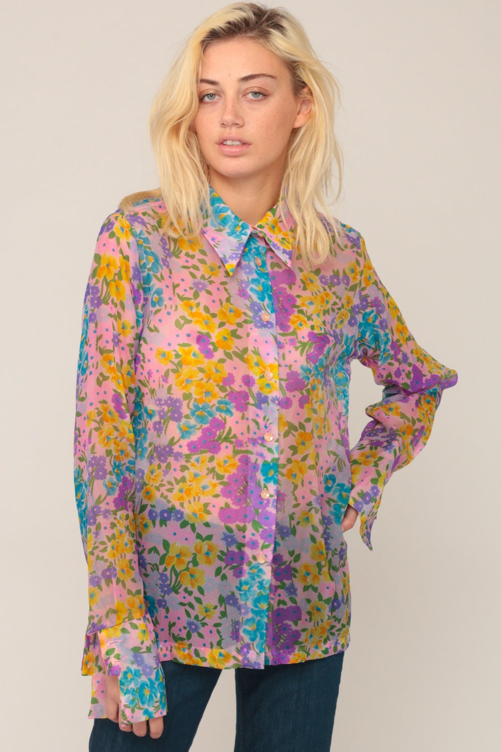 70s Floral Sheer Button-Up Blouse Purple Pink Blue Long Sleeve Medium Large