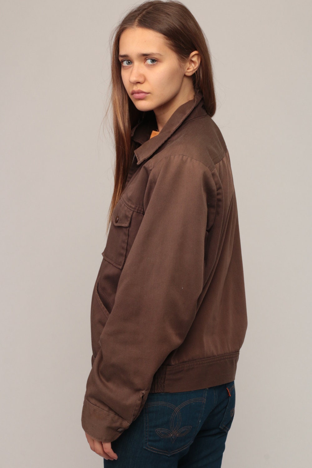 80s Brown Bomber Jacket Fleece Lined Moto Coat Unisex Medium Large