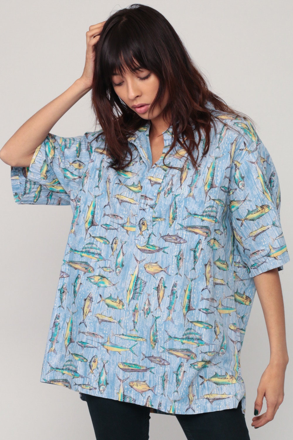 90s Fish Print Button Up Shirt Unisex Beach Novelty Blue Extra Large