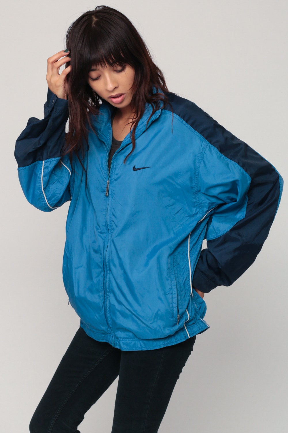 90s Nike Blue Striped Windbreaker Jacket Zip Shell Medium