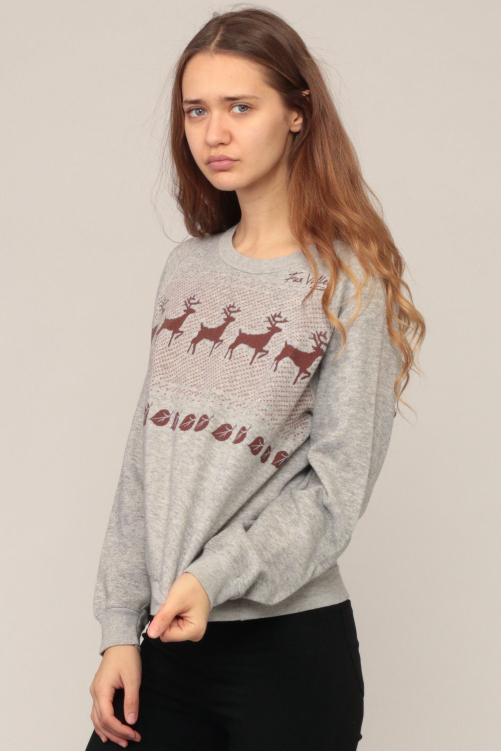 80s Deer Graphic Sweatshirt Unisex Pullover Cotton Blend Medium