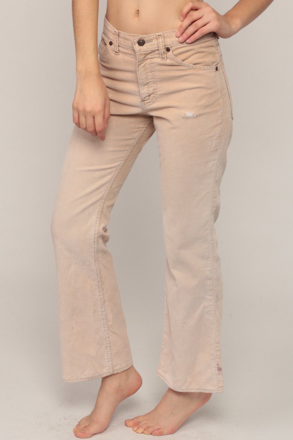 70s Plain Pockets Corduroy Bell Bottom Trousers Tan High Waist Small