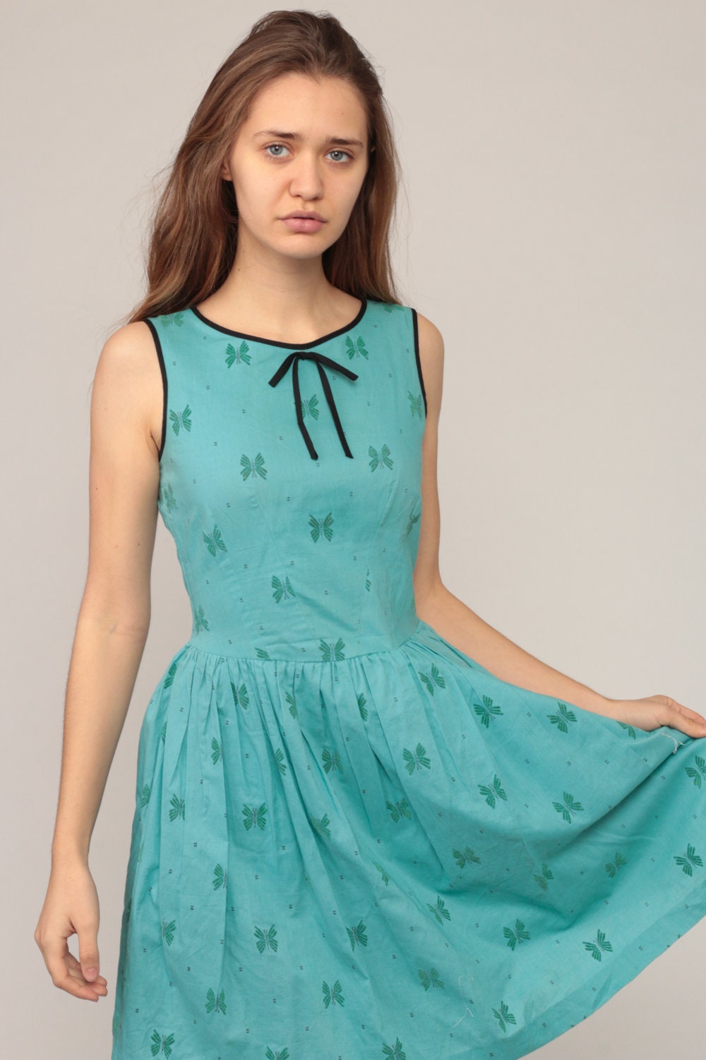 60s Butterfly Print Turquoise Mini Dress Cotton Sleeveless High Waist Small