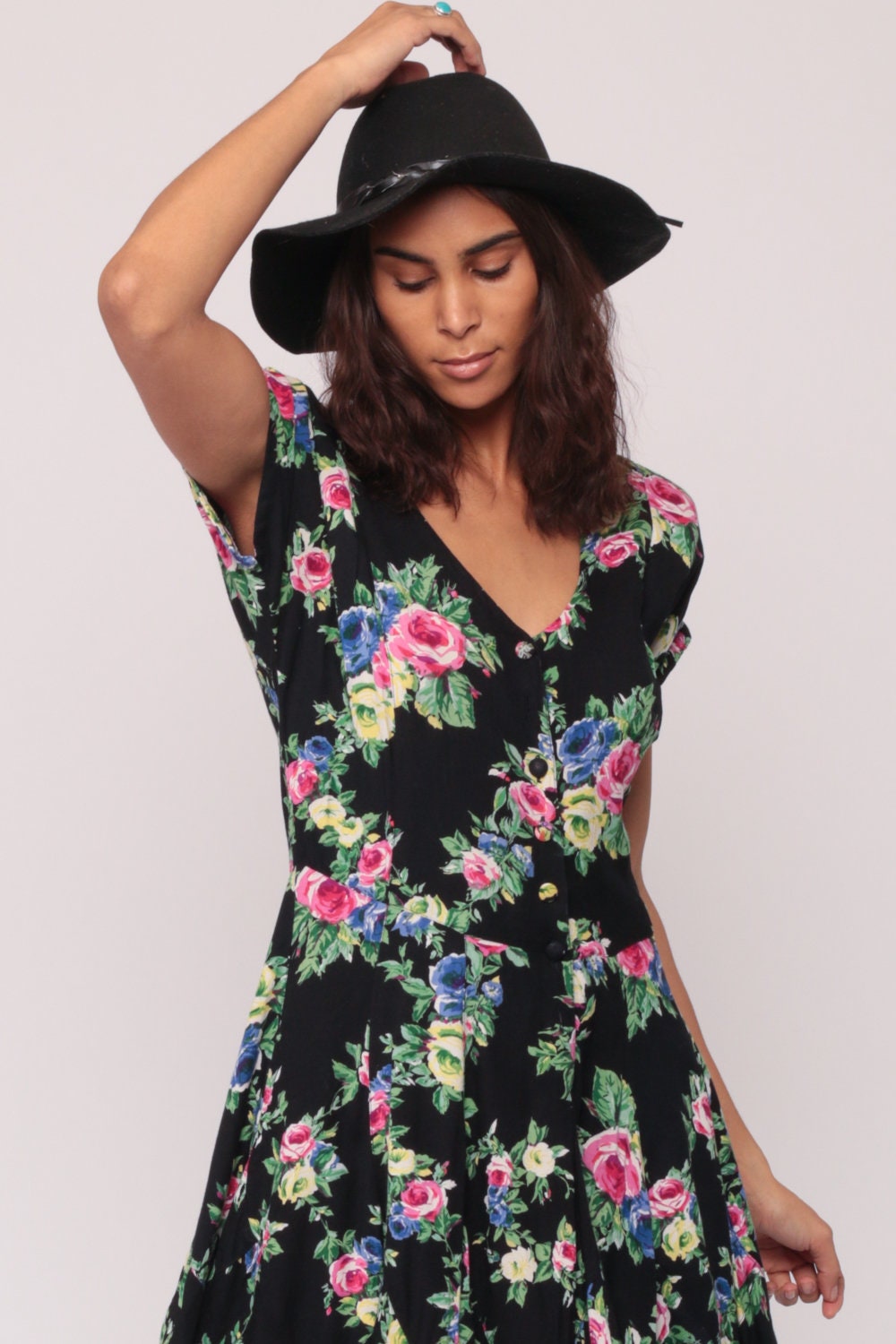90s Black Floral Rayon Mini Dress Drop Waist Button Front Medium