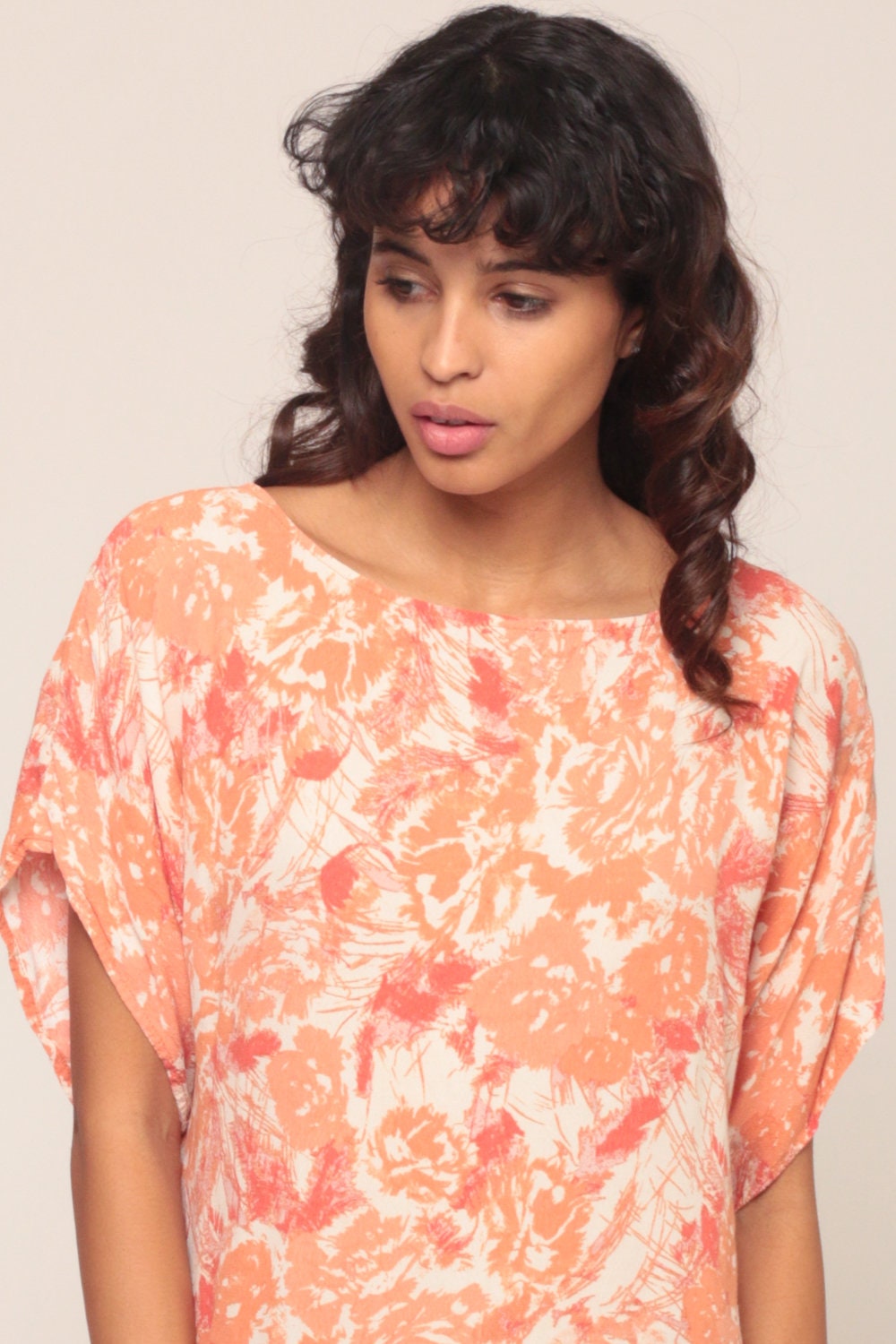 90s Orange Floral Print T-Shirt Dress Micro Mini Tunic Medium
