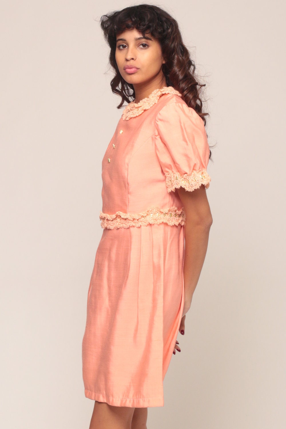 60s Pink Mini Dress Puff Sleeve Bow Back Lace Trim Small
