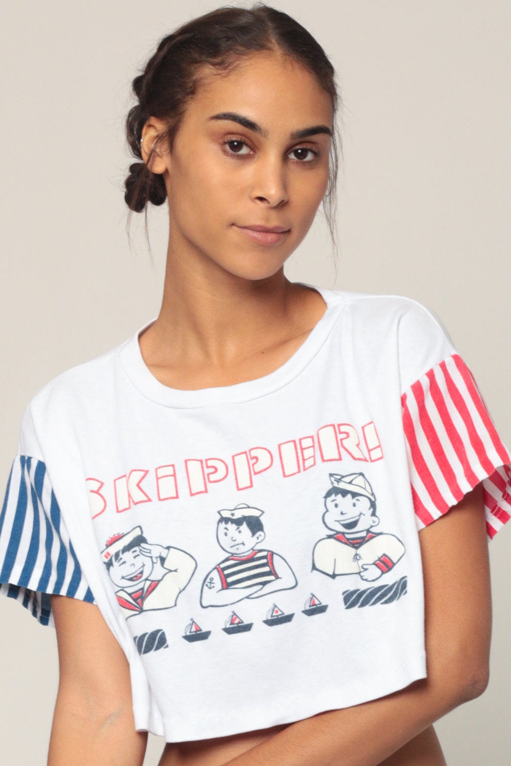 90s Sailor Graphic Crop Top Red White Blue Striped T-Shirt Medium Large