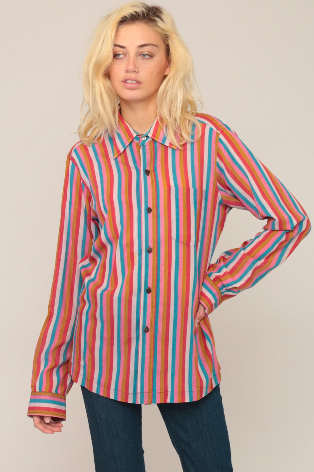 70s Striped Long Sleeve Button Up Blouse Rainbow Print Medium Large