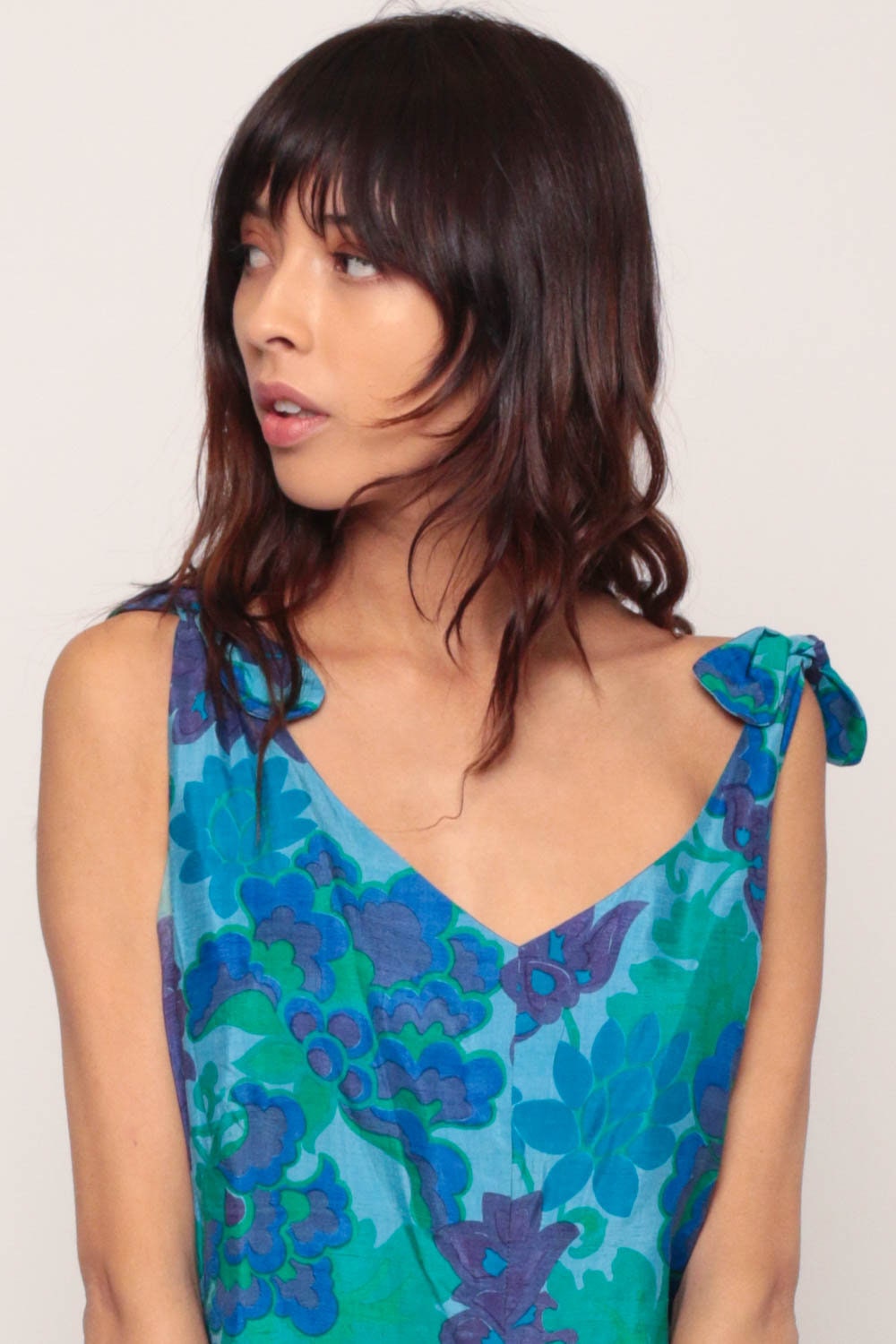 1970s Floral Maxi Dress Blue Green V-Neck Sleeveless Tie Shoulder Extra Large
