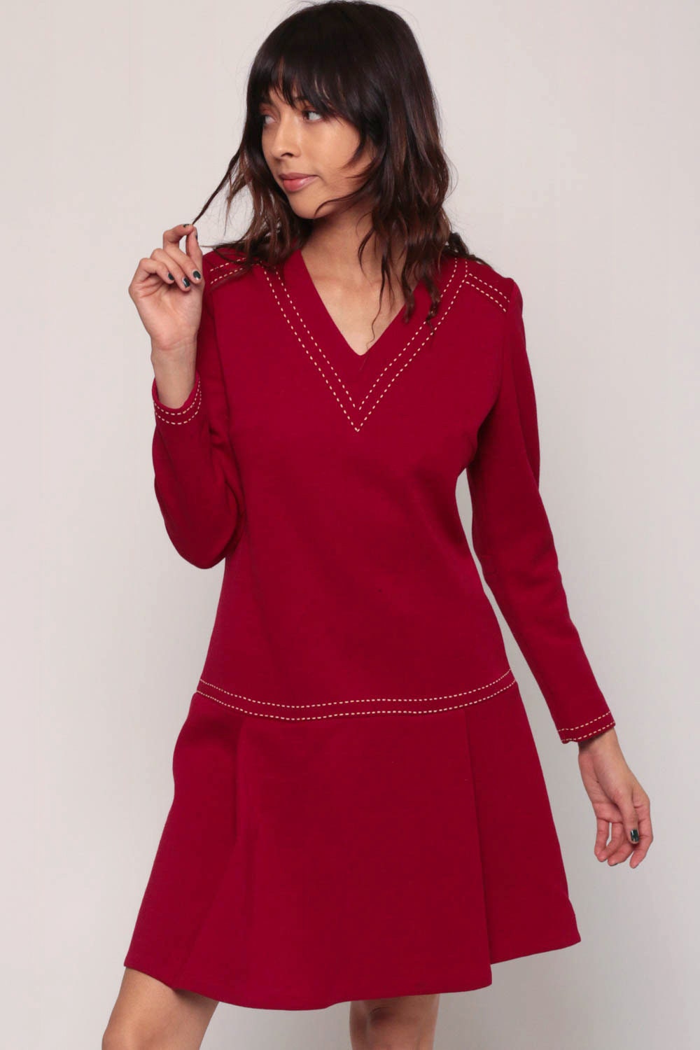 1970s Mod Mini Dress Wool Blend Red Drop Waist Long Sleeve Medium
