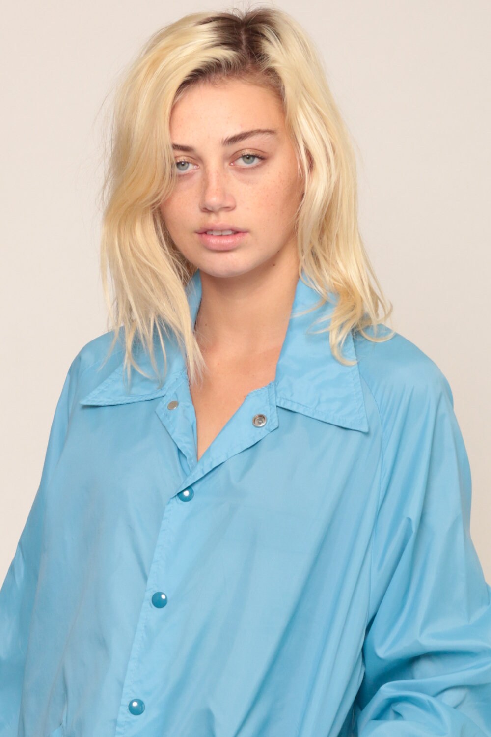70s Baby Blue Windbreaker Jacket Snap Front Drawstring Unisex Extra Large