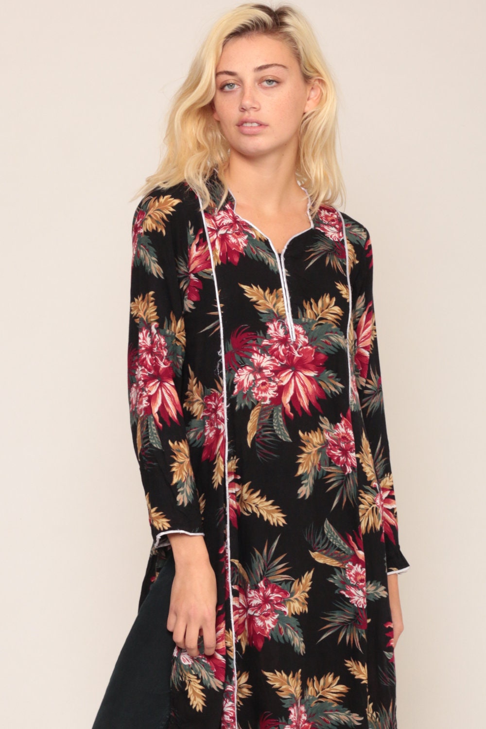 90s Black Floral Tunic Dress High Side Slit Long Sleeve Midi Large