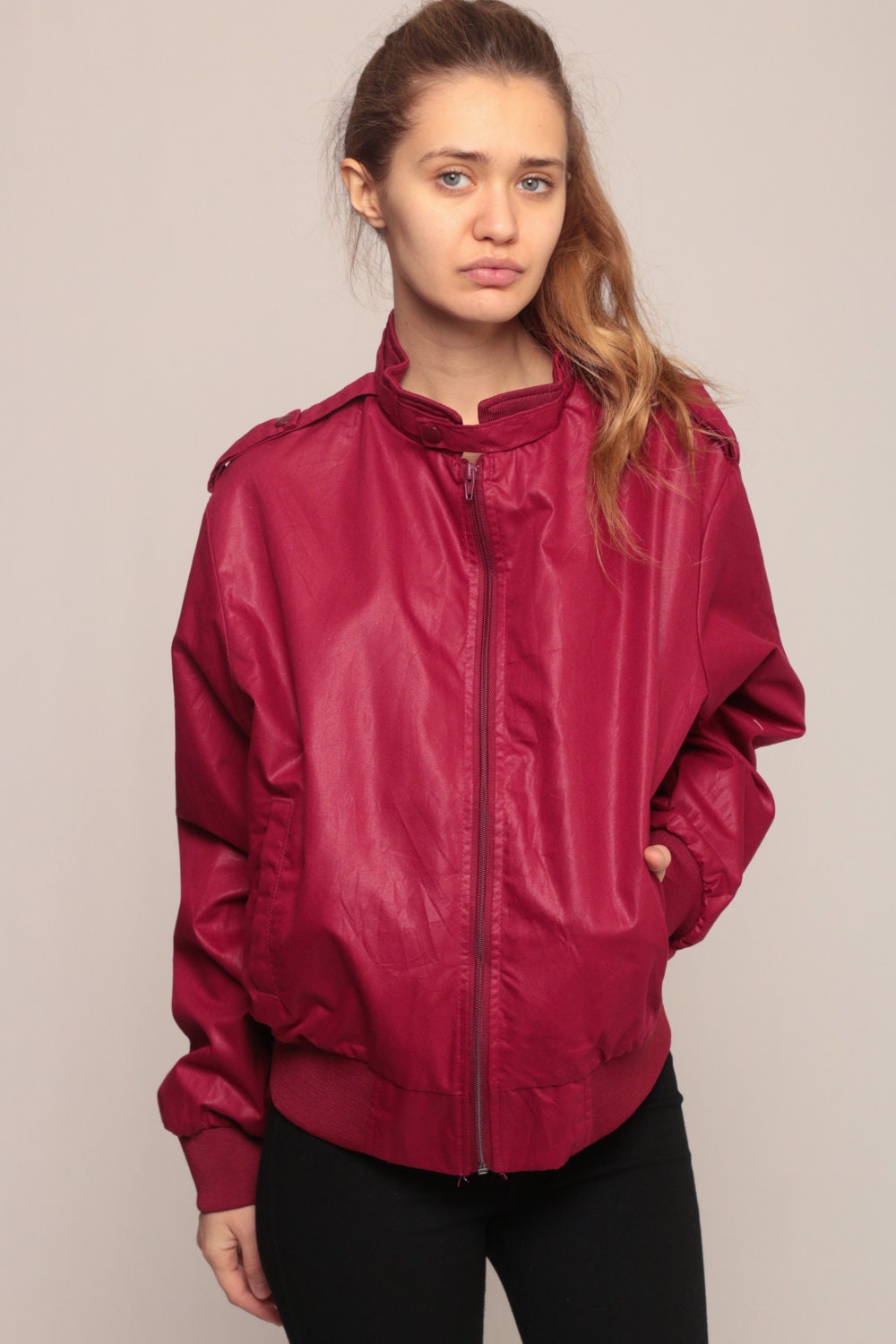 80s Burgundy Bomber Jacket Cafe Racer Windbreaker Unisex Medium Large