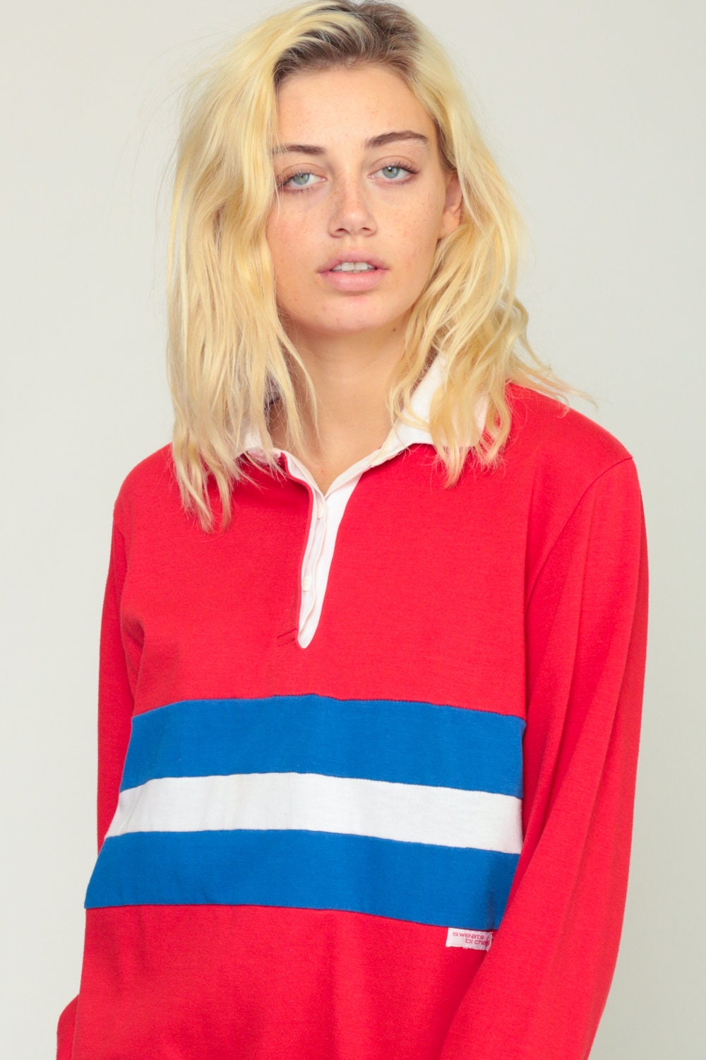 80s Polo Striped Sweatshirt Red White Blue Button Chest Extra Large