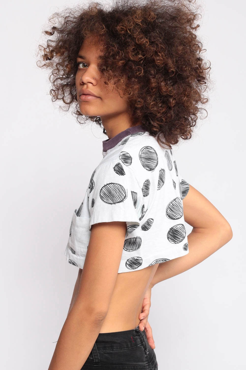 90s Polka Dot Ringer Crop Top White Black Cotton Tee Extra Small