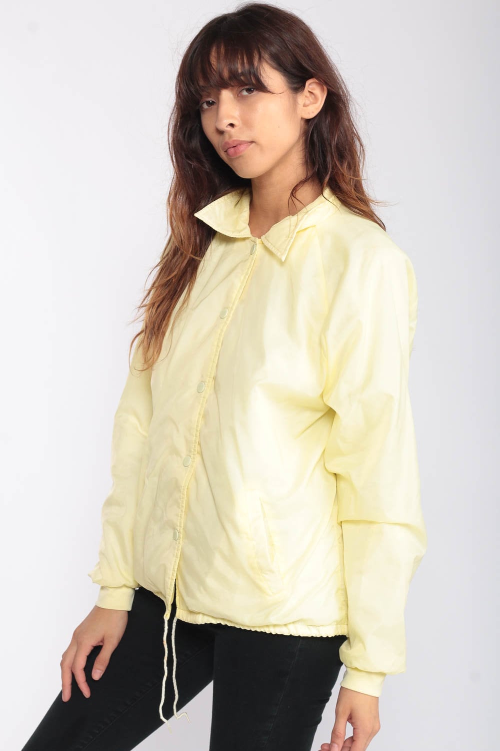 80s Yellow Pastel Windbreaker Jacket Raglan Snap-Up Medium