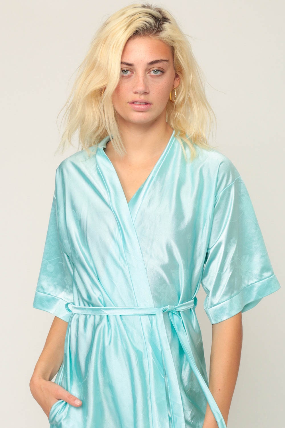 70s 80s Blue Floral Kimono Robe Mini Wrap Dressing Gown Small
