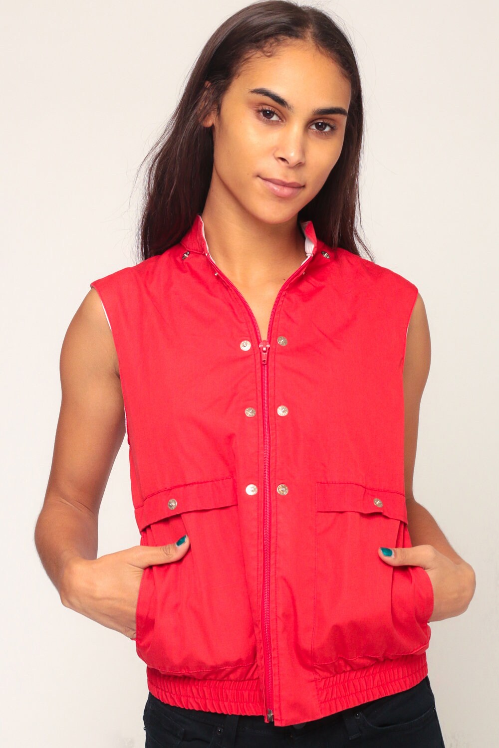 80s Red Hooded Jacket Convertible Vest Windbreaker Cropped Small