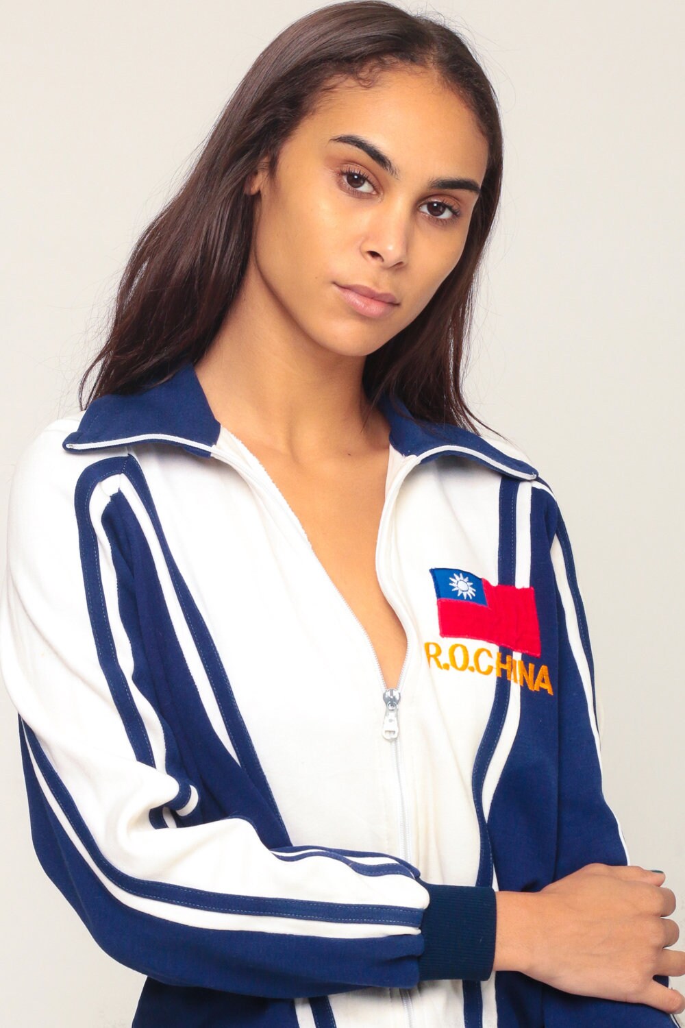 70s ROC China Track Jacket Blue Zip-Up Sweatshirt Small Medium