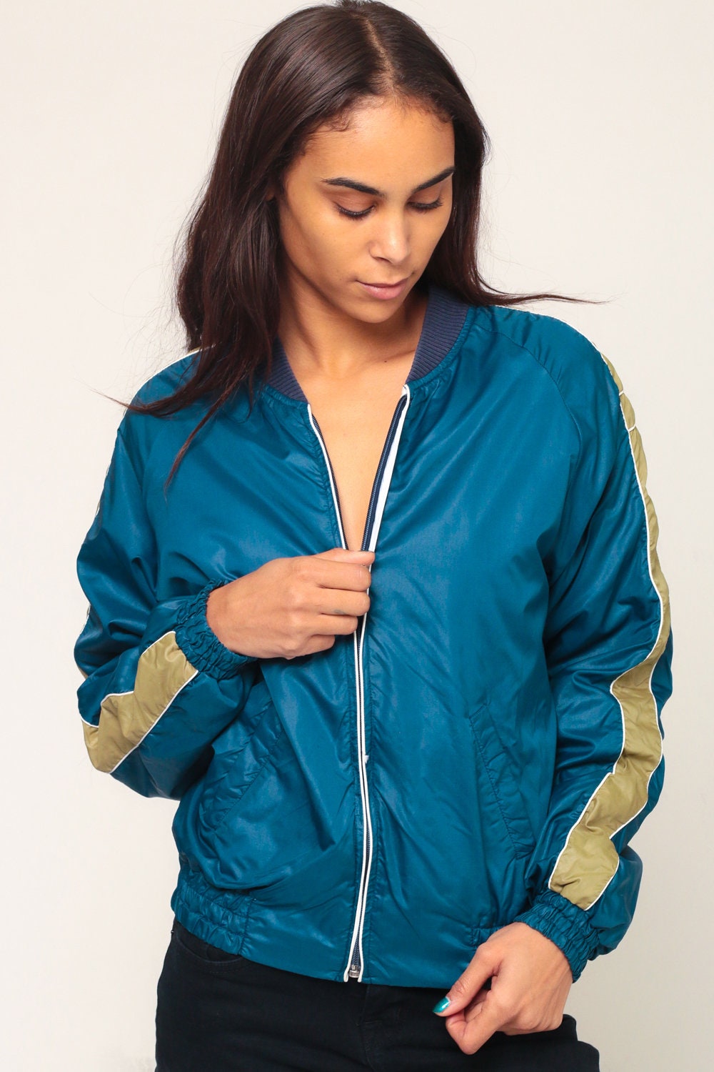 80s Blue Striped Bomber Jacket Nylon Zip-Up Small Medium