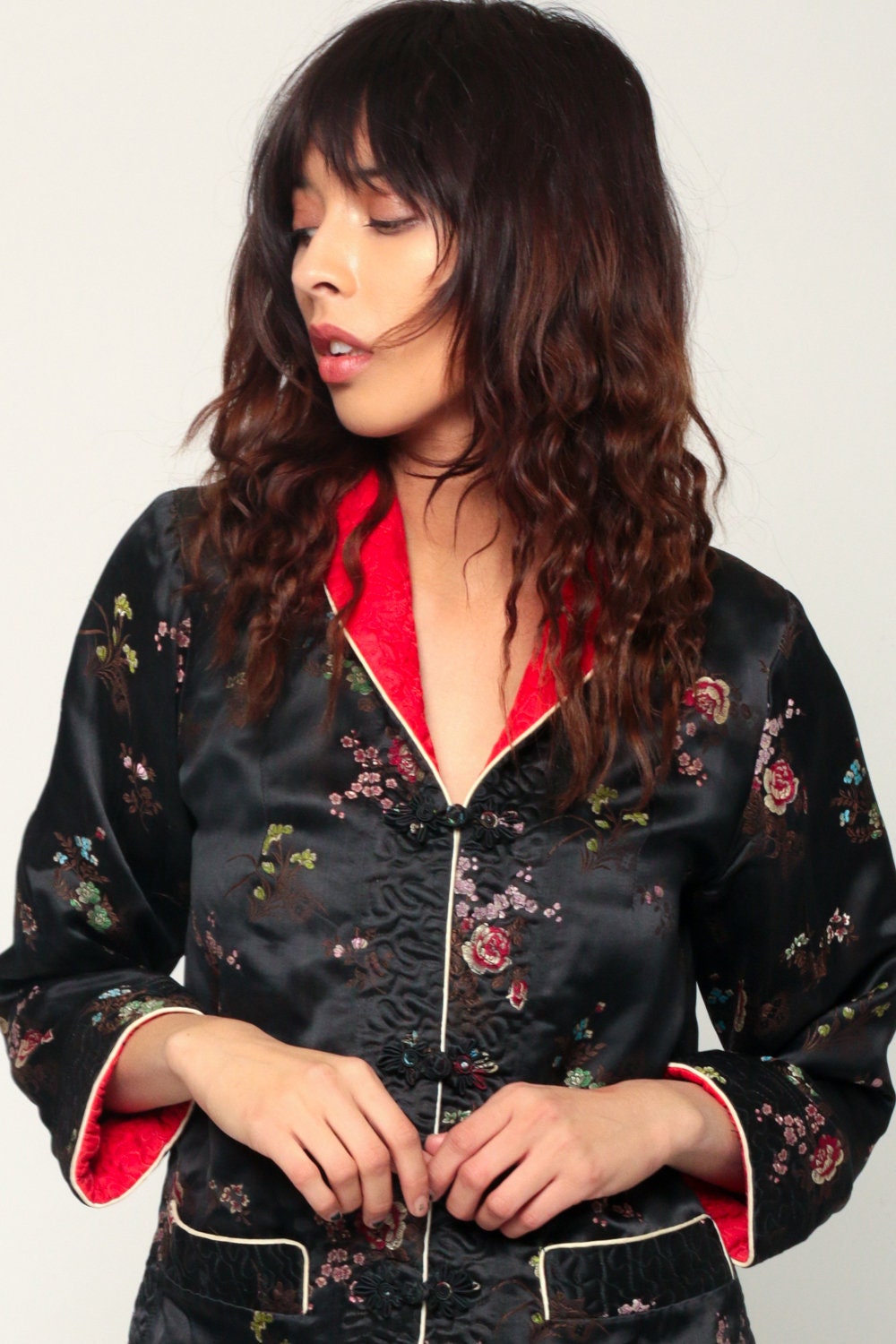 90s Chinese Reversible Satin Jacket Black Red Embroidered Mandarin Collar Small