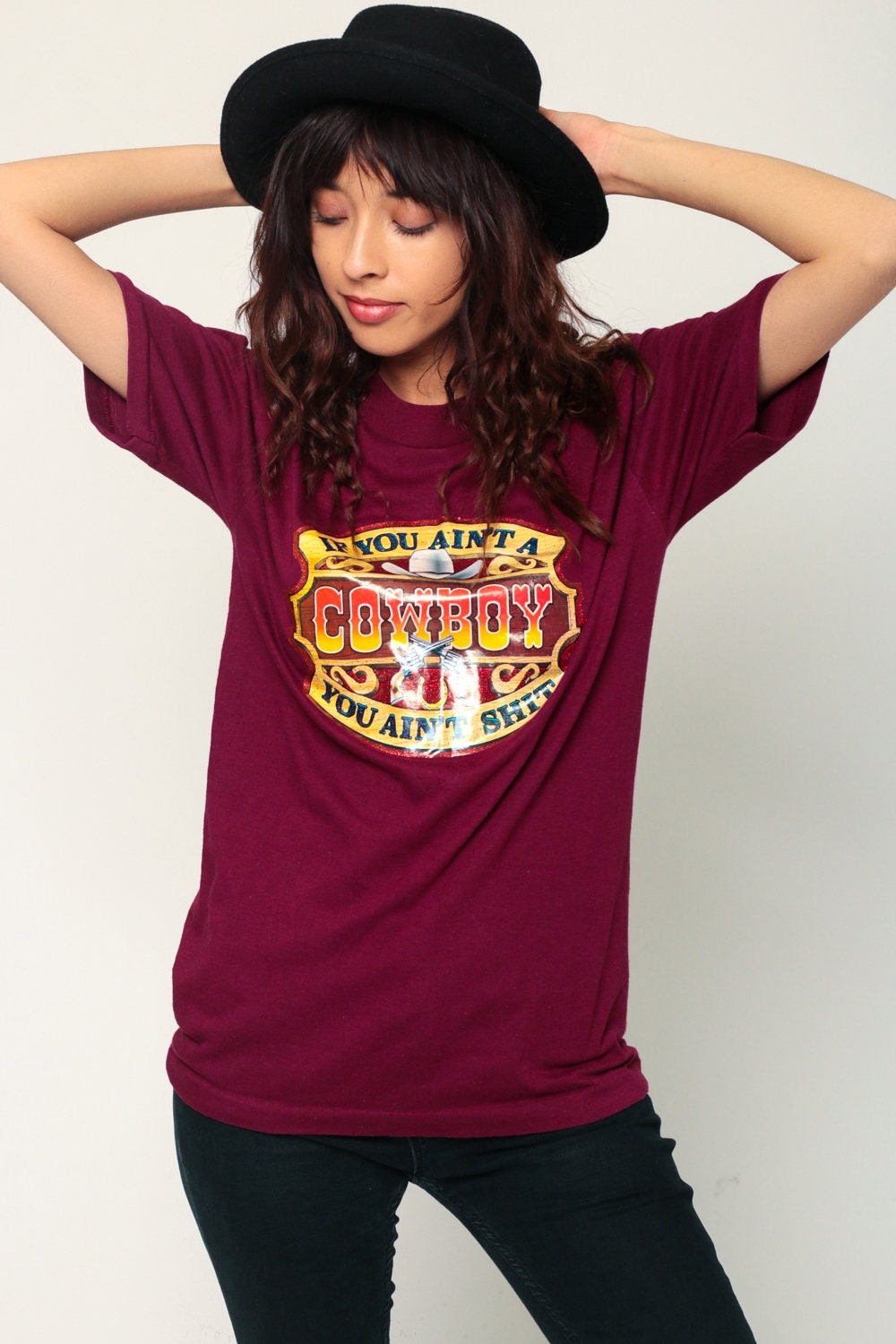80s Cowboy Graphic T-Shirt Iron On Burgundy Unisex Large
