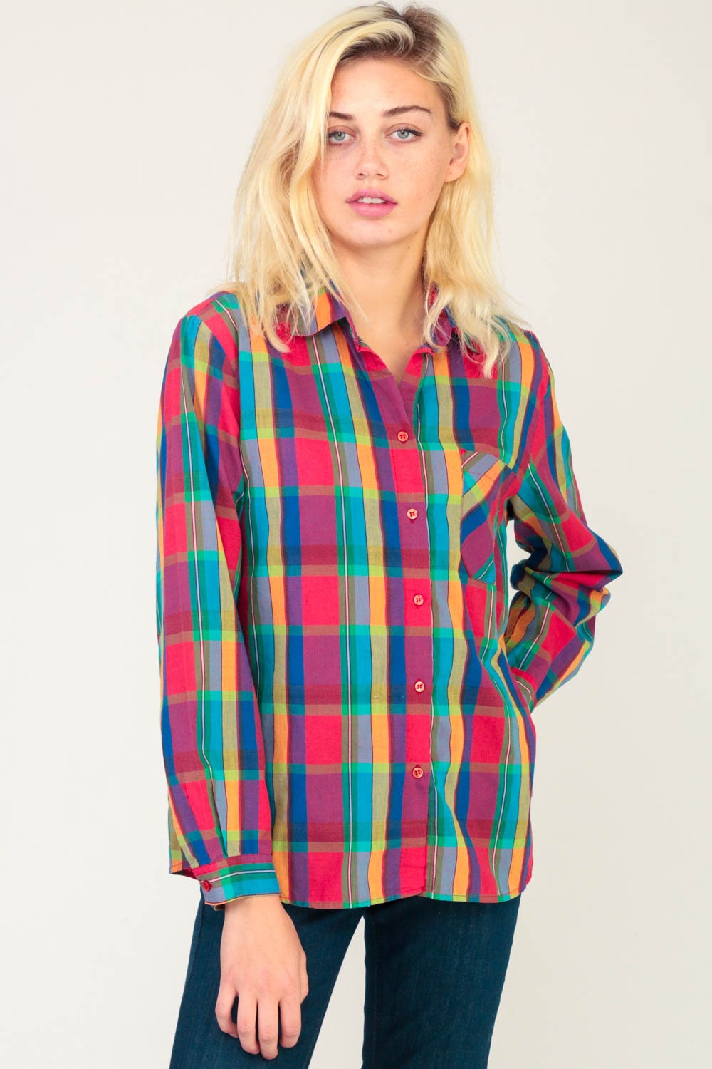 80s Diane Von Furstenberg Plaid Button-Up Blouse Multicolour Cotton Large