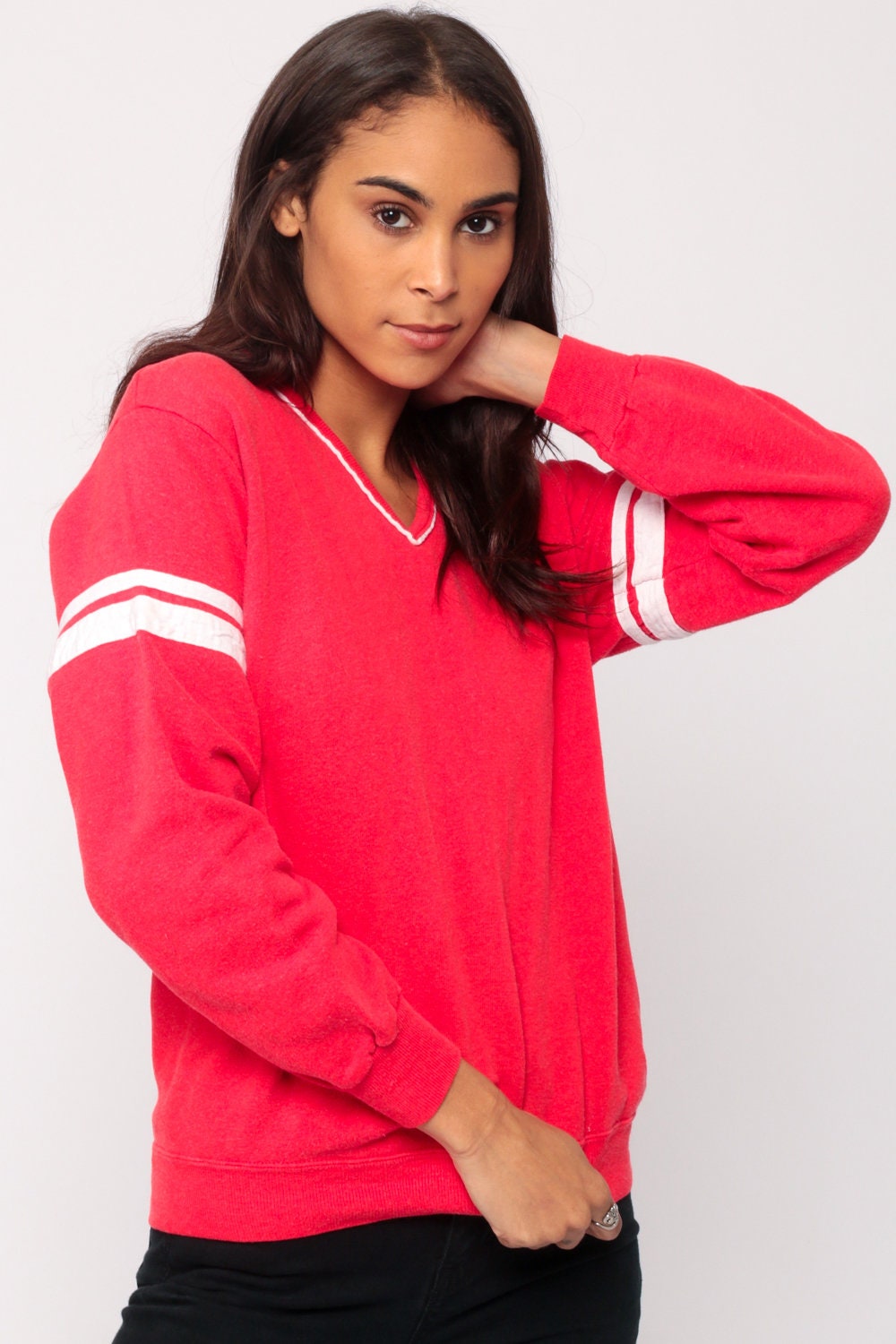 80s Red Striped V-Neck Sweatshirt Long Sleeve Pullover Small Medium
