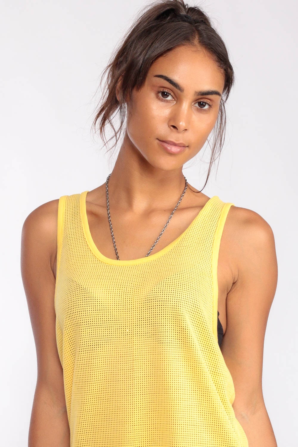 80s Yellow Mesh Tank Top Sheer Sleeveless Jersey Unisex Large