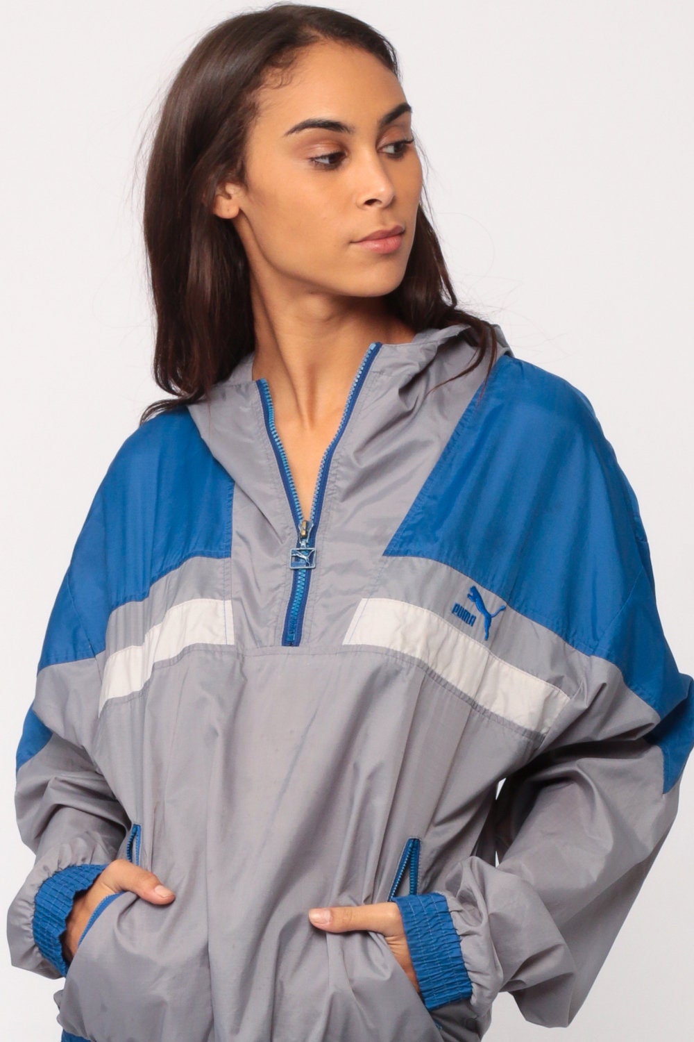 Puma 80s Windbreaker Jacket Half Zip Hooded Grey Blue Stripe Small