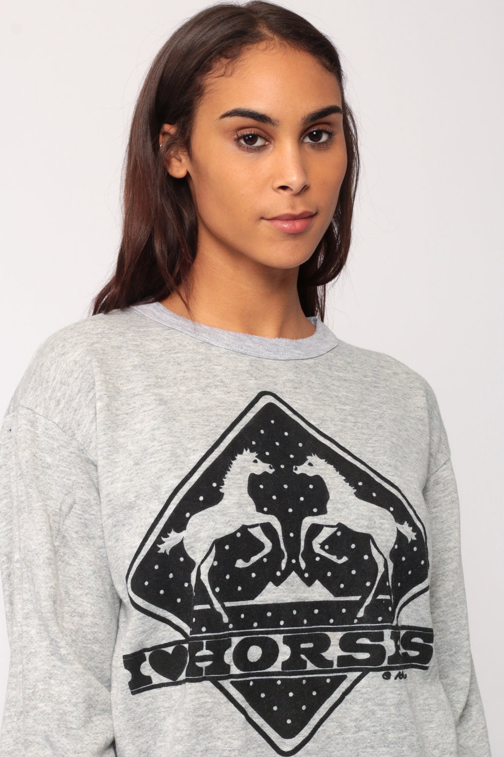 80s I Heart Horses Graphic Sweatshirt Grey Unisex Crewneck Medium