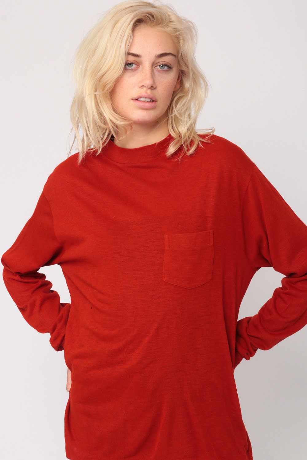 80s Orange-Red Burnout Long Sleeve T-Shirt Pocket Tee Large