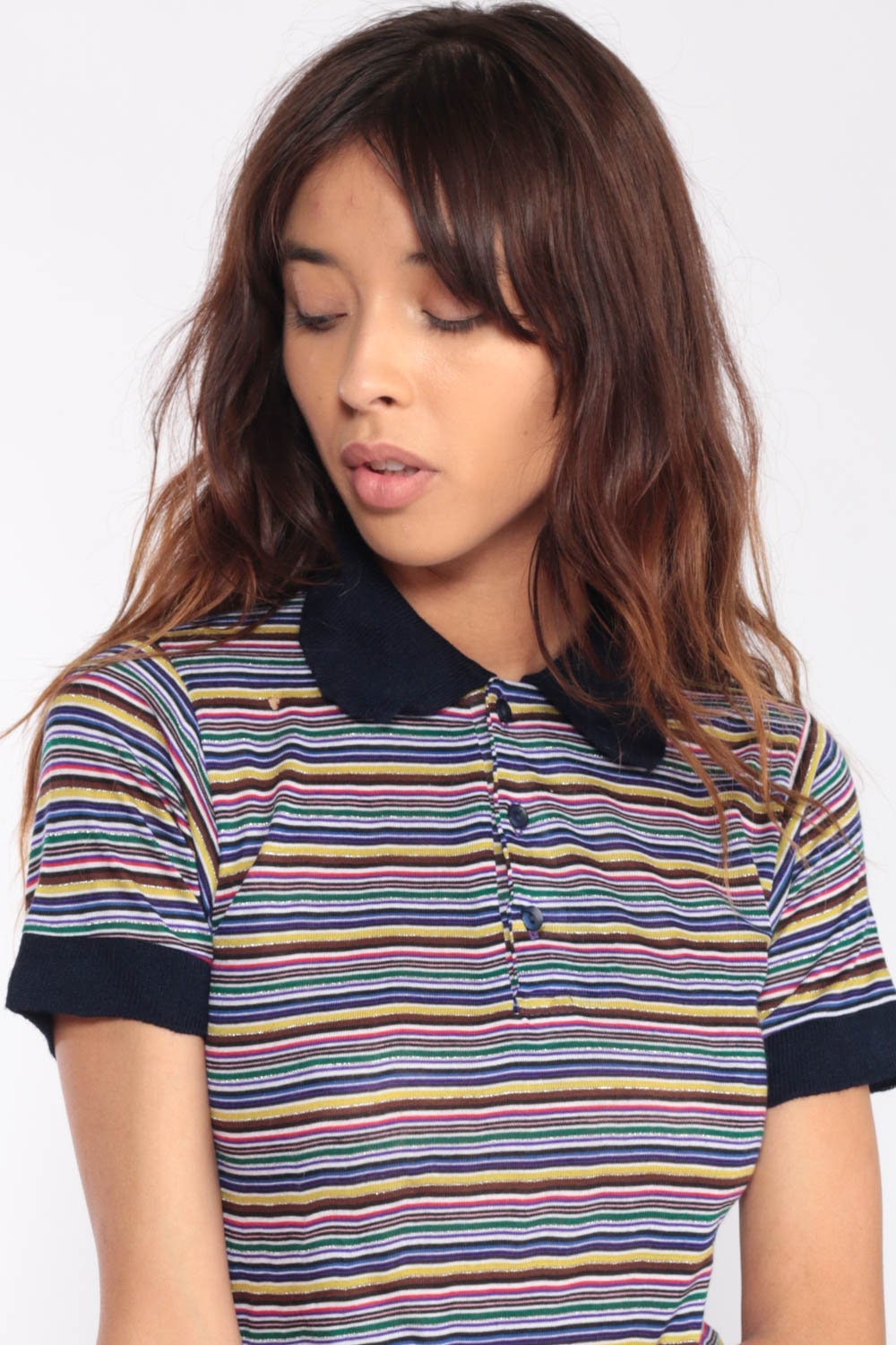 80s Rainbow Striped Polo Shirt Gold Metallic Half Button Short Sleeve Extra Small