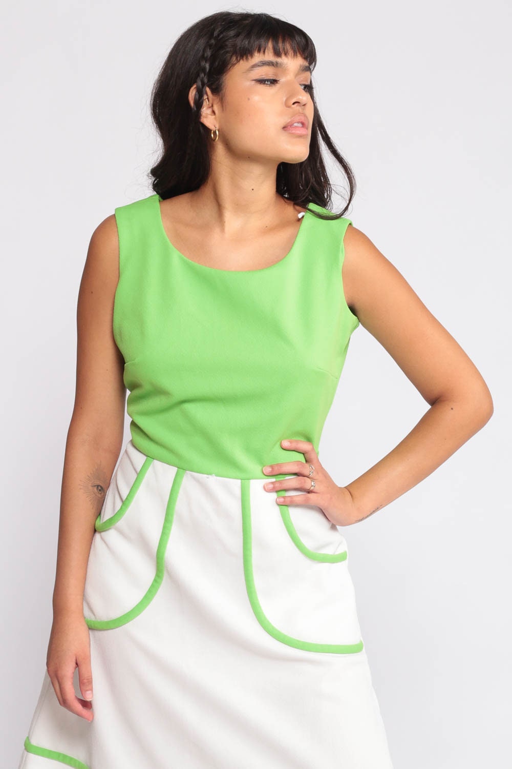 70s Mod Mini Dress Colorblock Lime Green White High Waist Pockets Medium