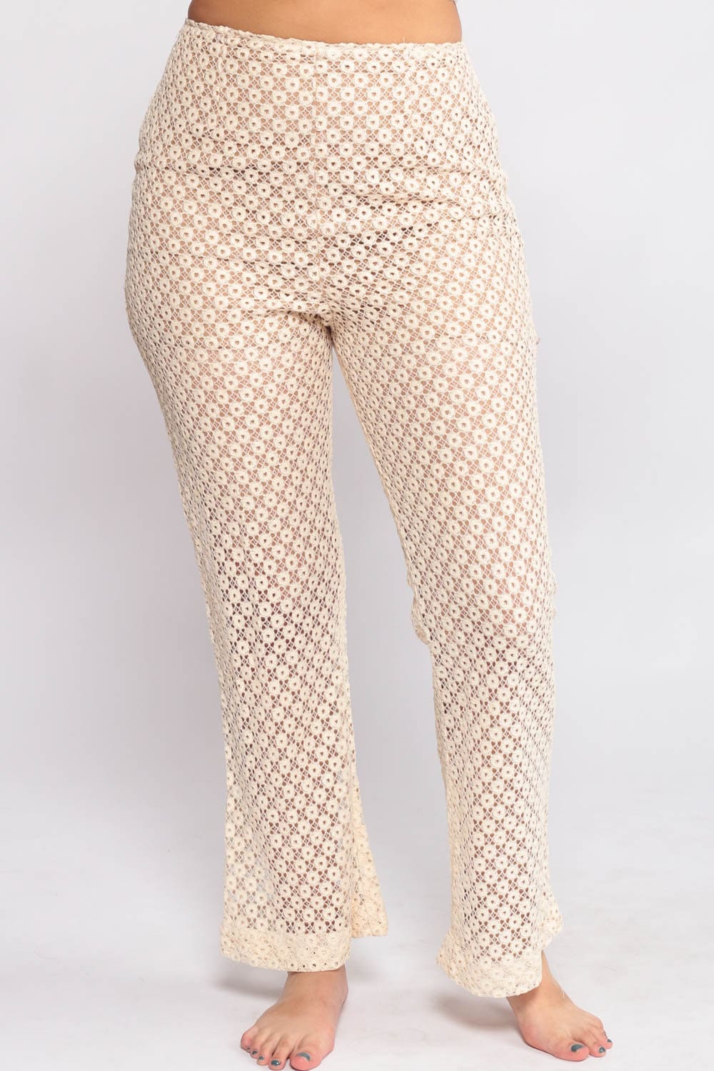 70s Cream Lace Cutout Bell Bottom Pants High Waisted Small Medium